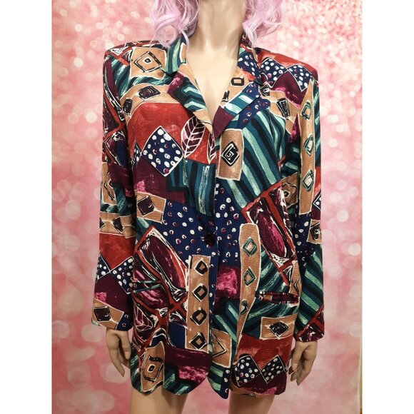 Vintage 80s Funky Tribal Print Oversized Blazer Womens Size M Rayon - Picture 1 of 12